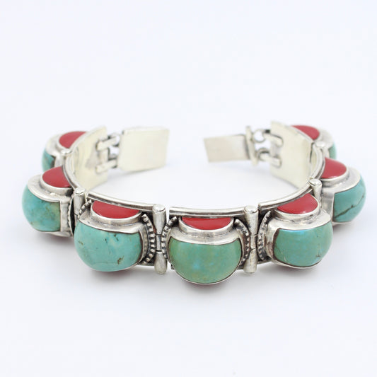 Vintage Southwestern Turquoise & Coral Statement Bracelet in Sterling Silver