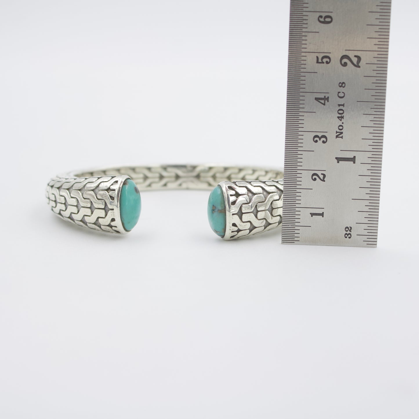 Natural Turquoise Hinged Etched Cuff Bracelet in Sterling Silver