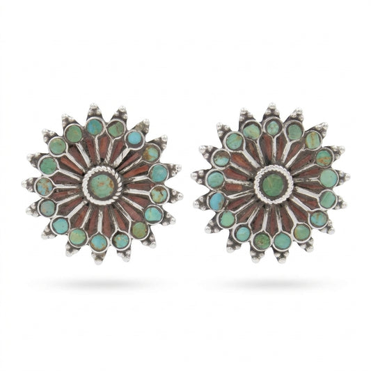 Vintage Southwestern Turquoise & Coral Starburst Stud Earring in Sterling Silver