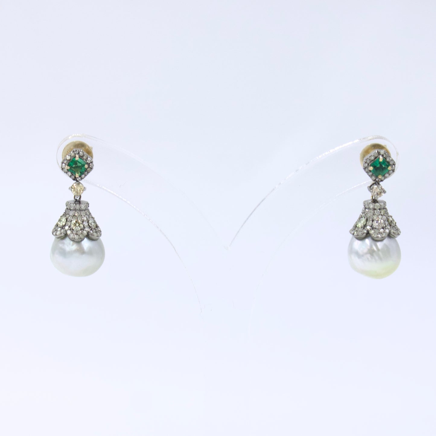 Art Deco Gold Silver Emerald Diamond Southsea Pearl Earrings in 14K Gold & Sterling Silver