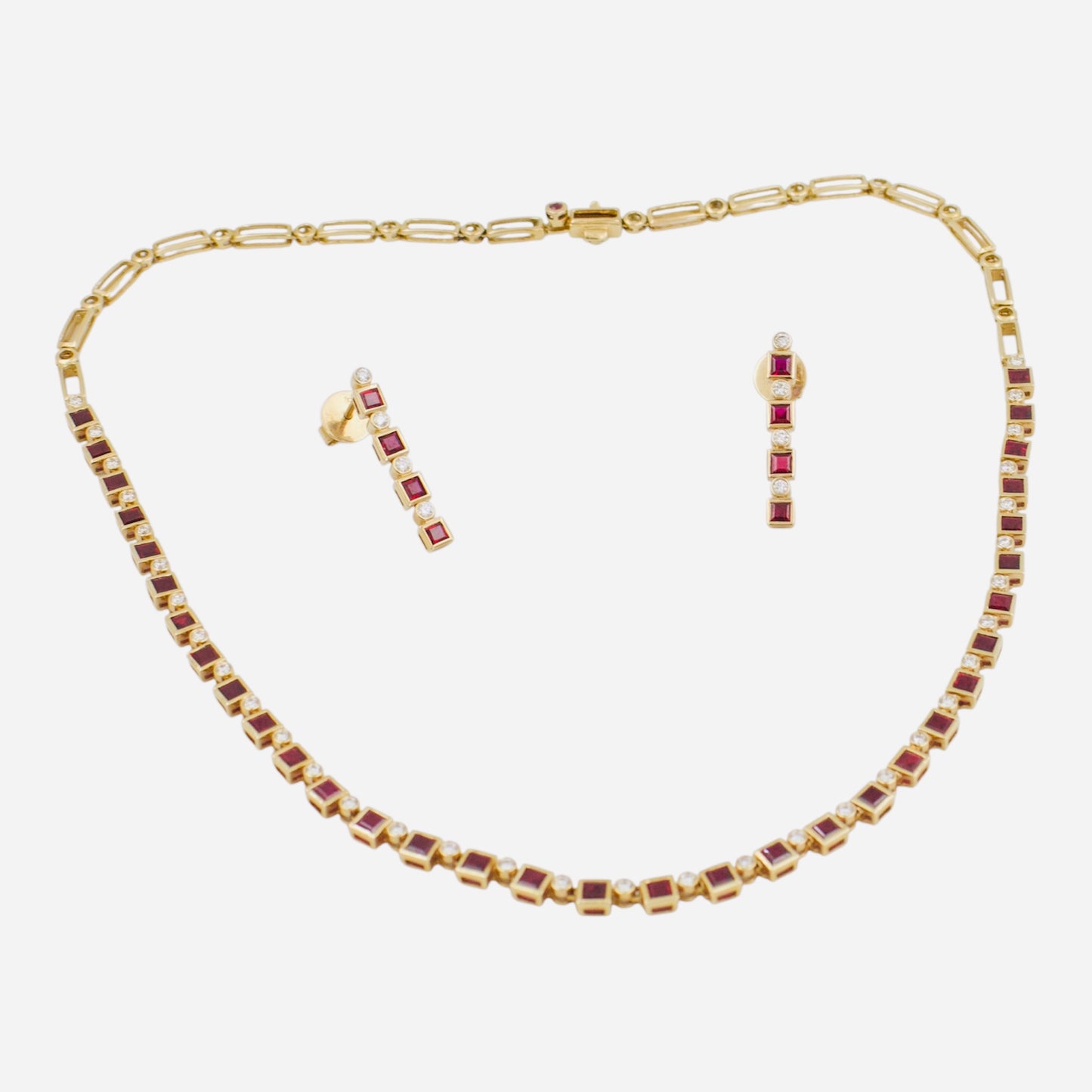 Diamond & Square Mozambique Red Ruby Geometric Jewelry Set in 18k Rose Gold