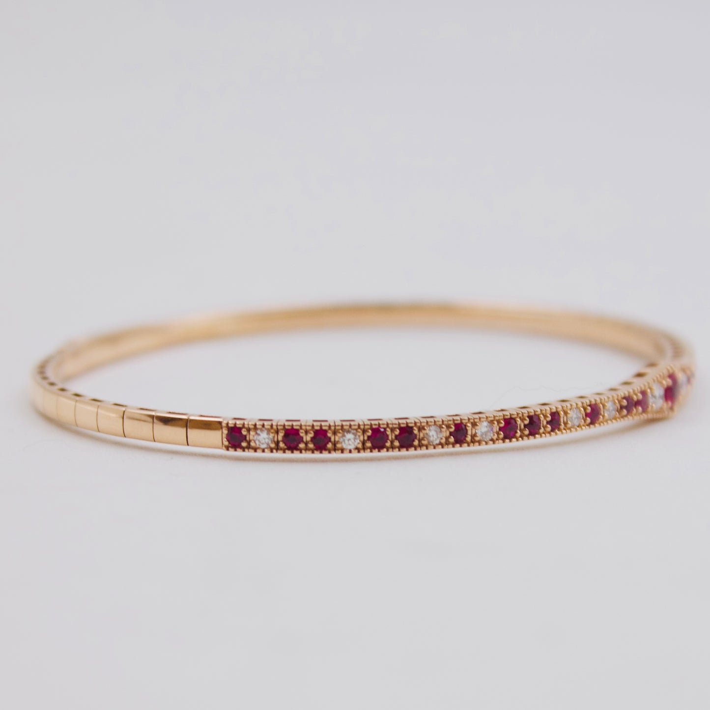 Vintage 0.85ct Burmese Ruby & Diamond Milgrain Stackable Hinged Bangle in 18K Rose Gold