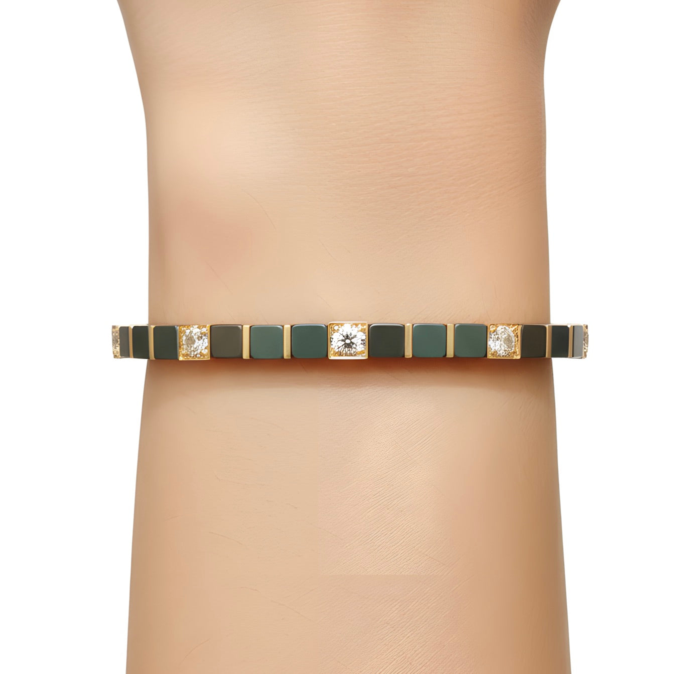 Natural 38.05 Ct Green Onyx & Desert Diamond Tile Beaded Bracelet in 14K Gold