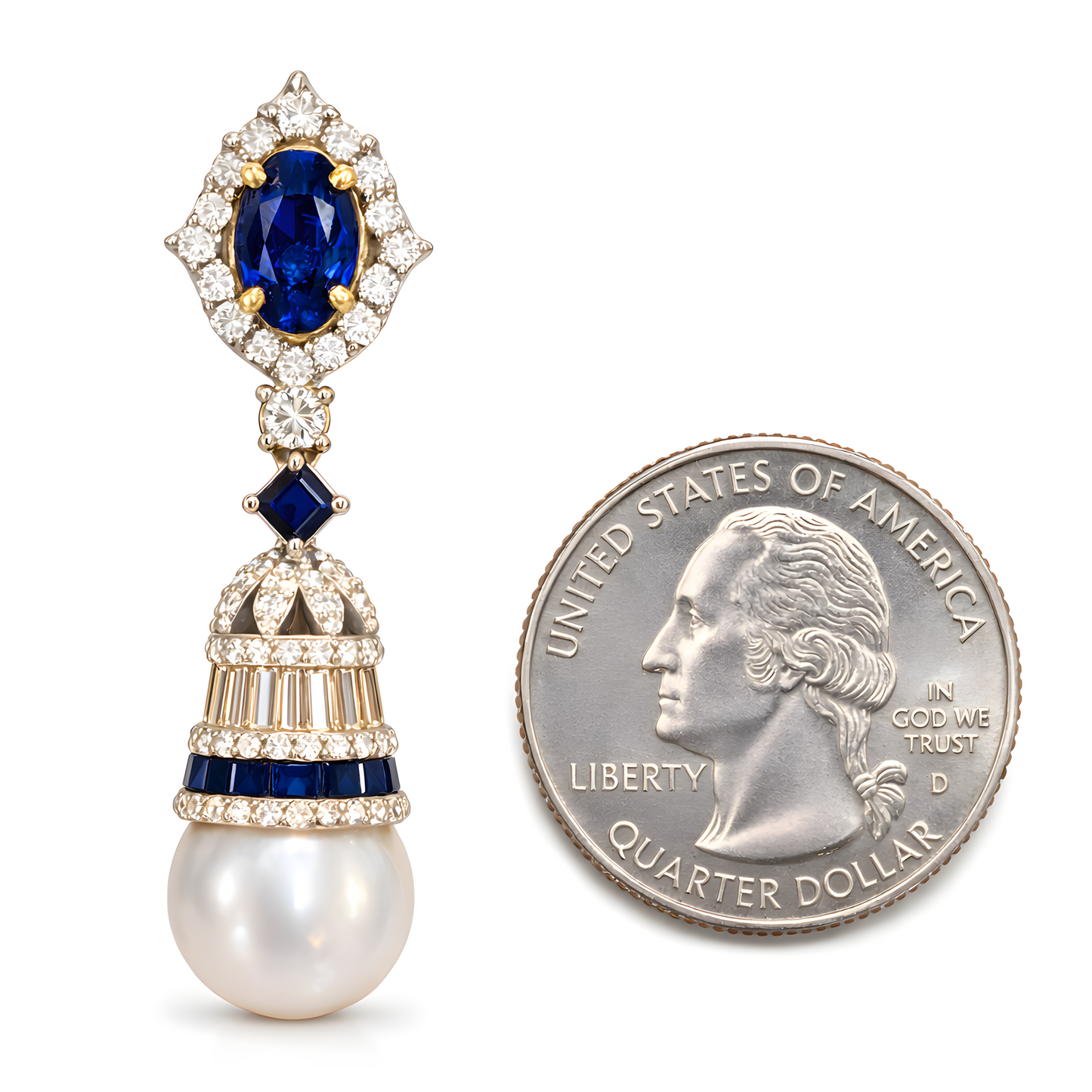 2.49 Ct Sapphire Art Deco Diamond & 17.93 Ct South Sea Pearl Drop Earrings 14K Gold & Sterling Silver