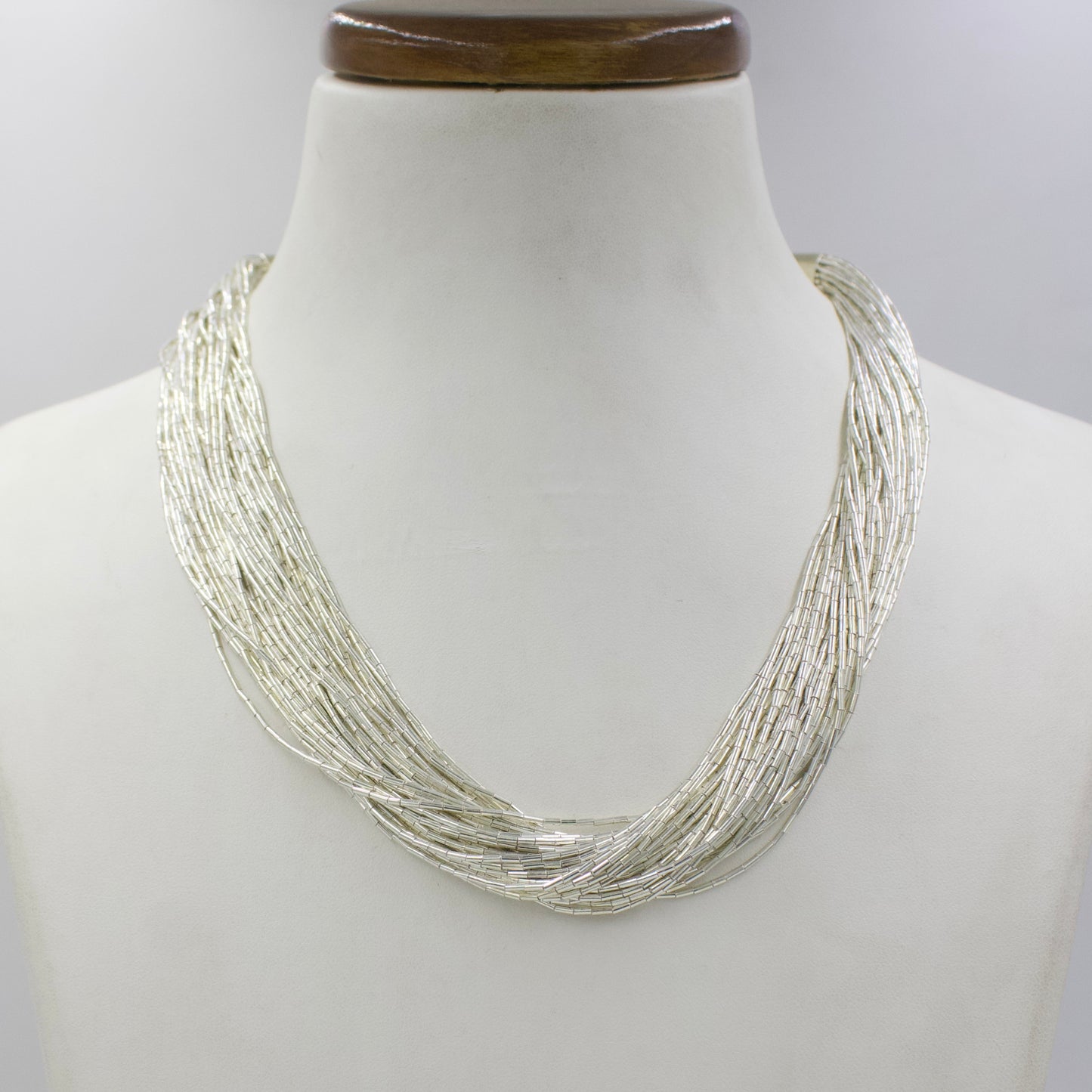 Handmade Indonesian Multistrand Beaded Necklace in Sterling Silver