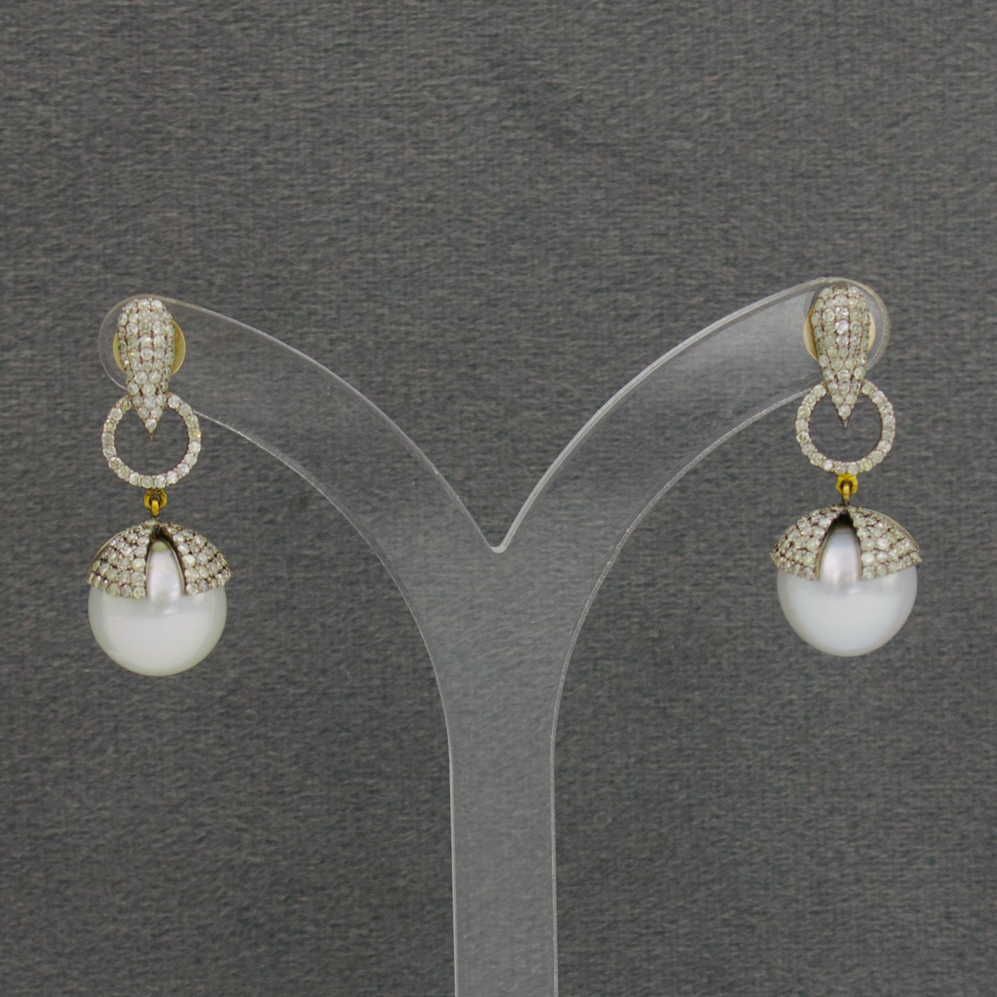 Victorian Diamond South Sea Pearl Drop Earrings in 14K Gold & Sterling Silver