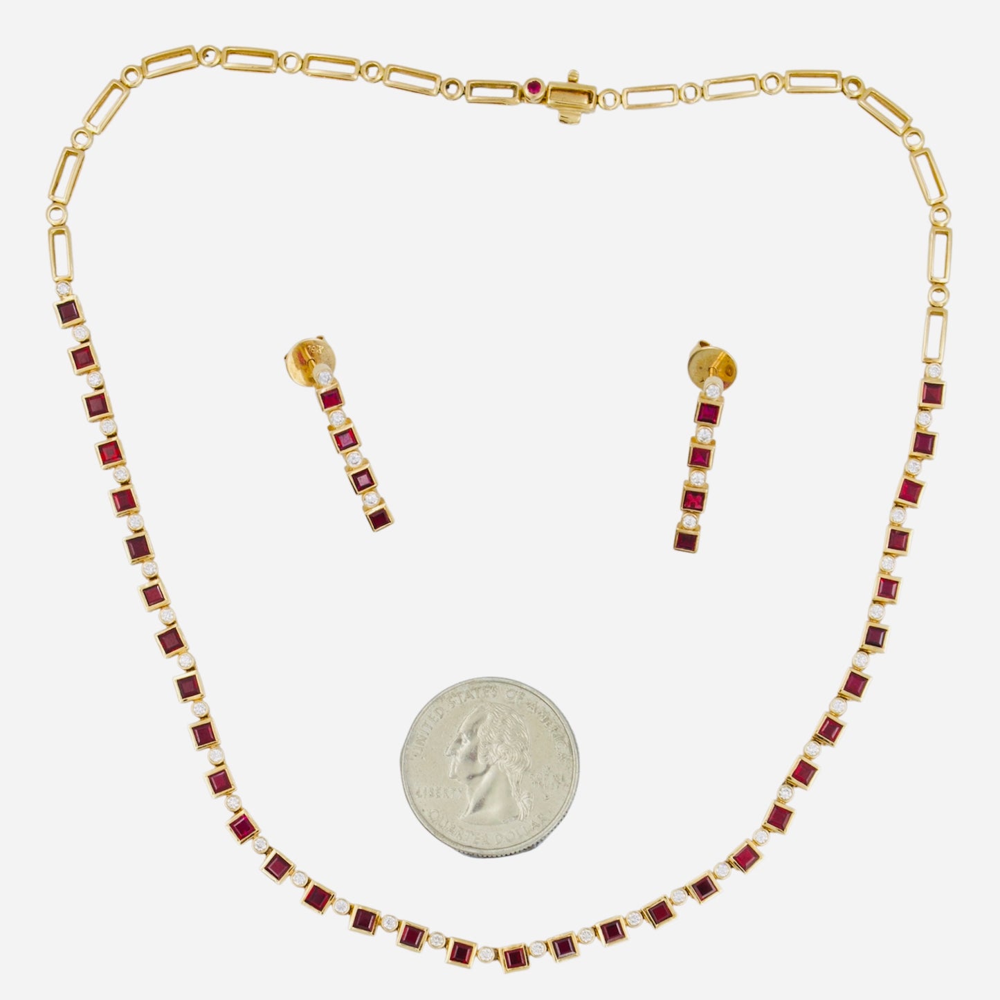Diamond & Square Mozambique Red Ruby Geometric Jewelry Set in 18k Rose Gold