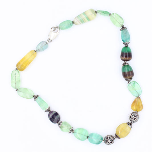 Vintage Handmade Multicolor Fluorite Beaded Necklace in Sterling Silver