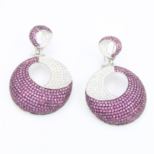 Luxurious 6.92 Ct Natural Ruby and Diamond Cluster Disc Drop Earring in 14K Gold