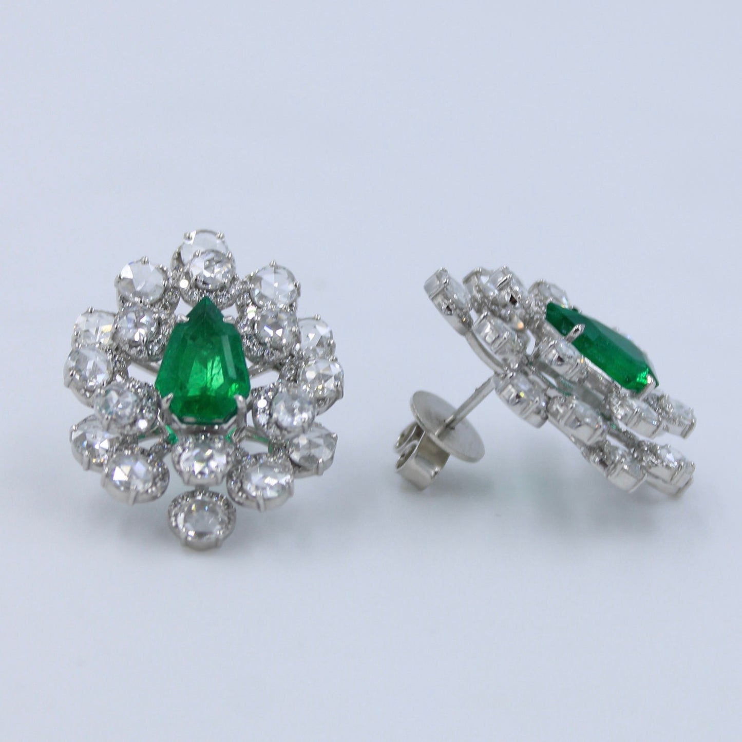 Statement 7.38 TCW AAA Natural Emerald & Rose Cut Diamond Halo Stud Earrings