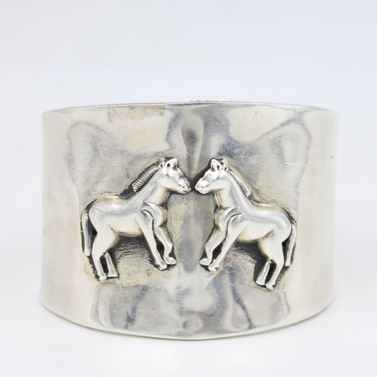Vinatge Handmade Galloping Horses Unisex Cuff Bracelet in Sterling Silver