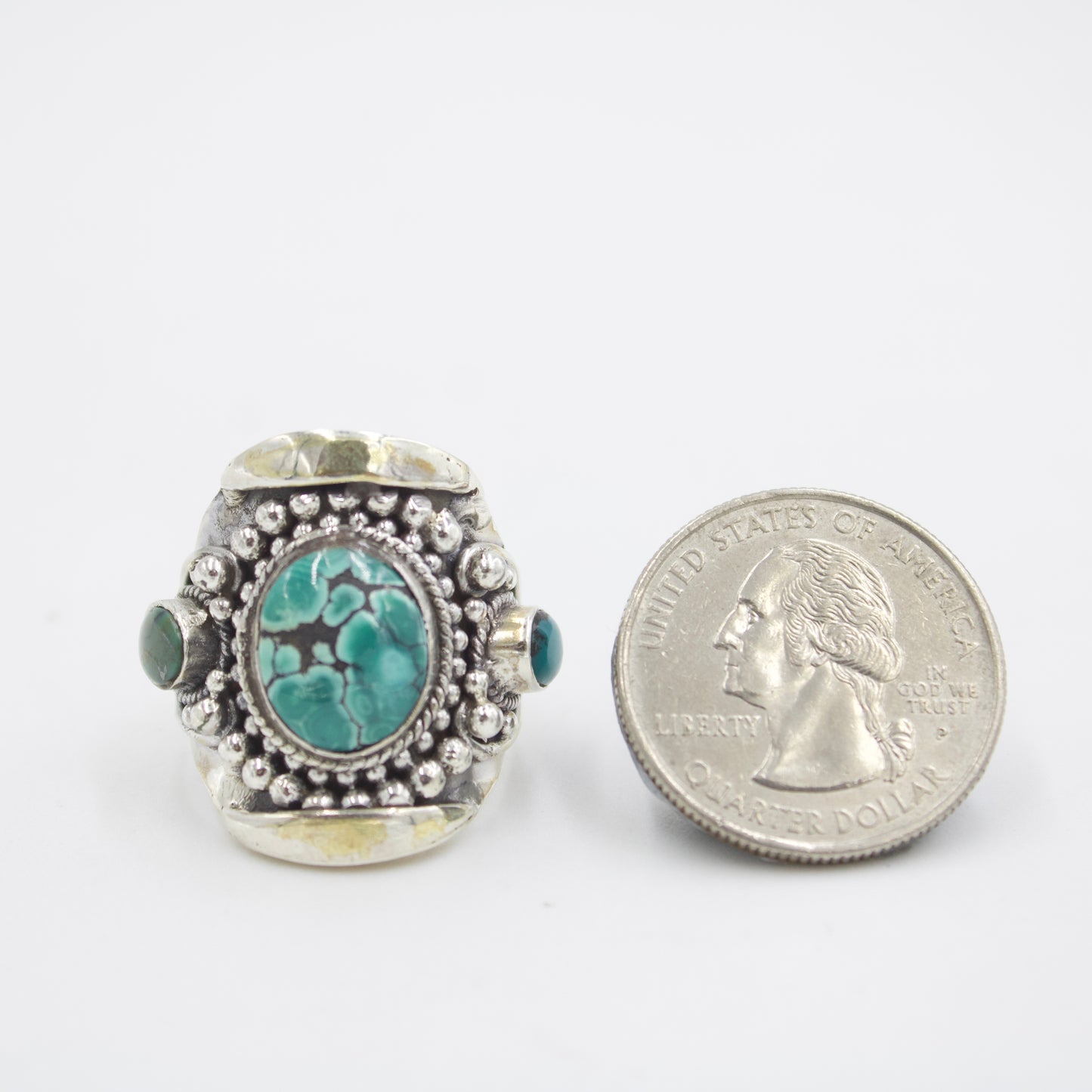 Vintage Handmade Tibetan Natural Turquoise Statement Ring in Sterling Silver