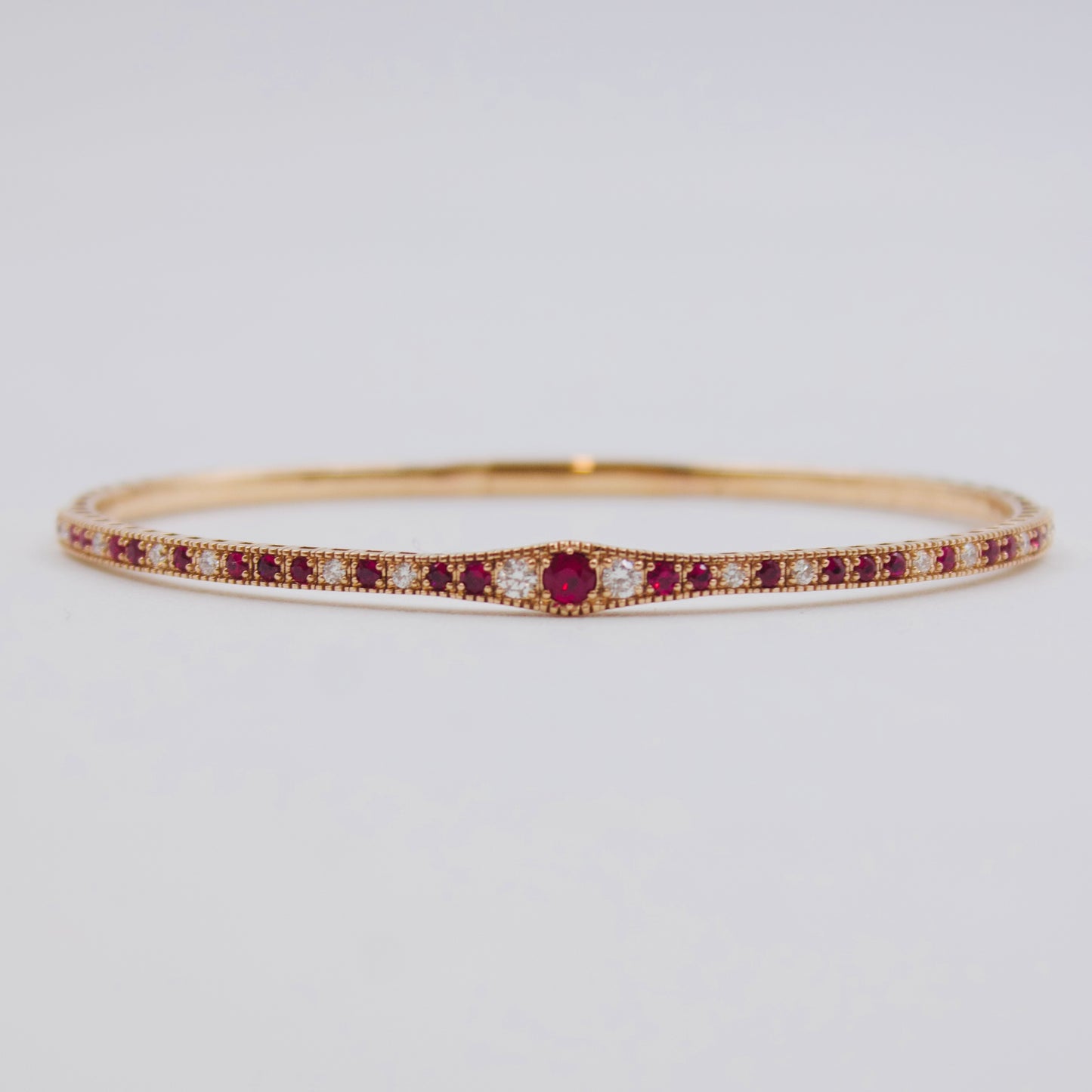 Vintage 0.85ct Burmese Ruby & Diamond Milgrain Stackable Hinged Bangle in 18K Rose Gold