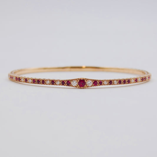 Vintage 0.85ct Burmese Ruby & Diamond Milgrain Stackable Hinged Bangle in 18K Rose Gold