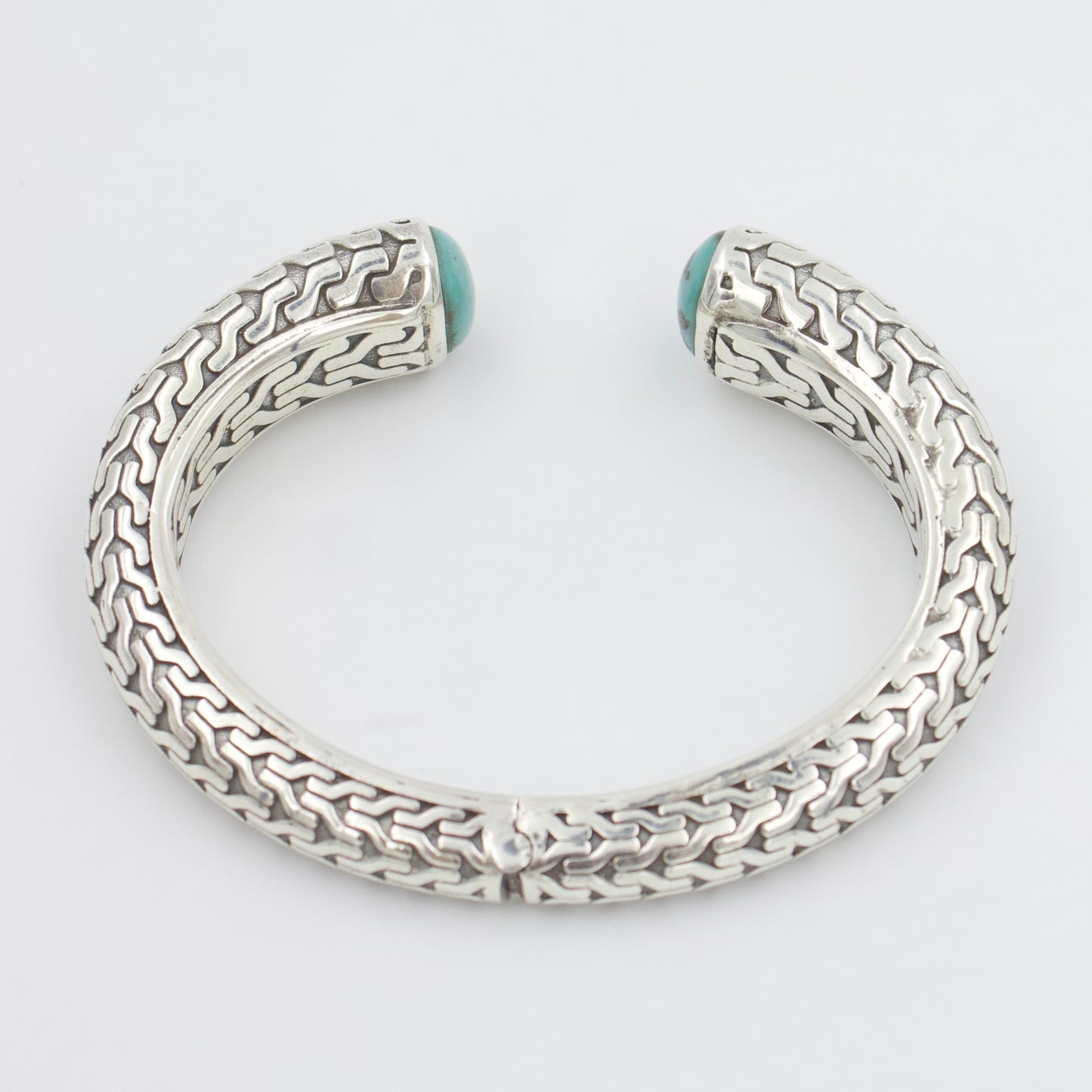 Natural Turquoise Hinged Etched Cuff Bracelet in Sterling Silver