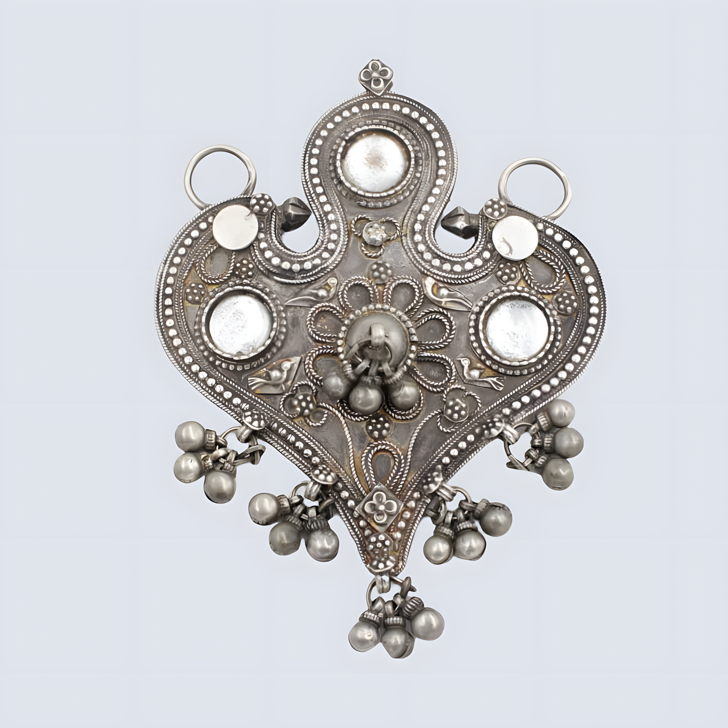 Antique Silver Heart-Shaped Tribal Pendant with Inlaid Glass & Ghungroo In Sterling silver