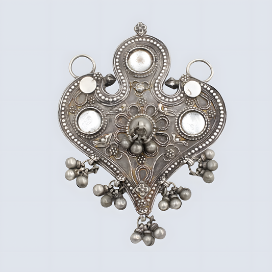 Antique Silver Heart-Shaped Tribal Pendant with Inlaid Glass & Ghungroo In Sterling silver