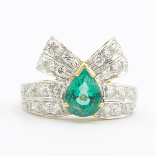 2.08 TCW Natural Emerald & Diamond Pavé Bow Statement Ring in 18K Yellow Gold