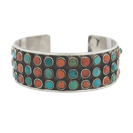 Vintage Sterling Silver Natural Turquoise Coral Cuff Bracelet