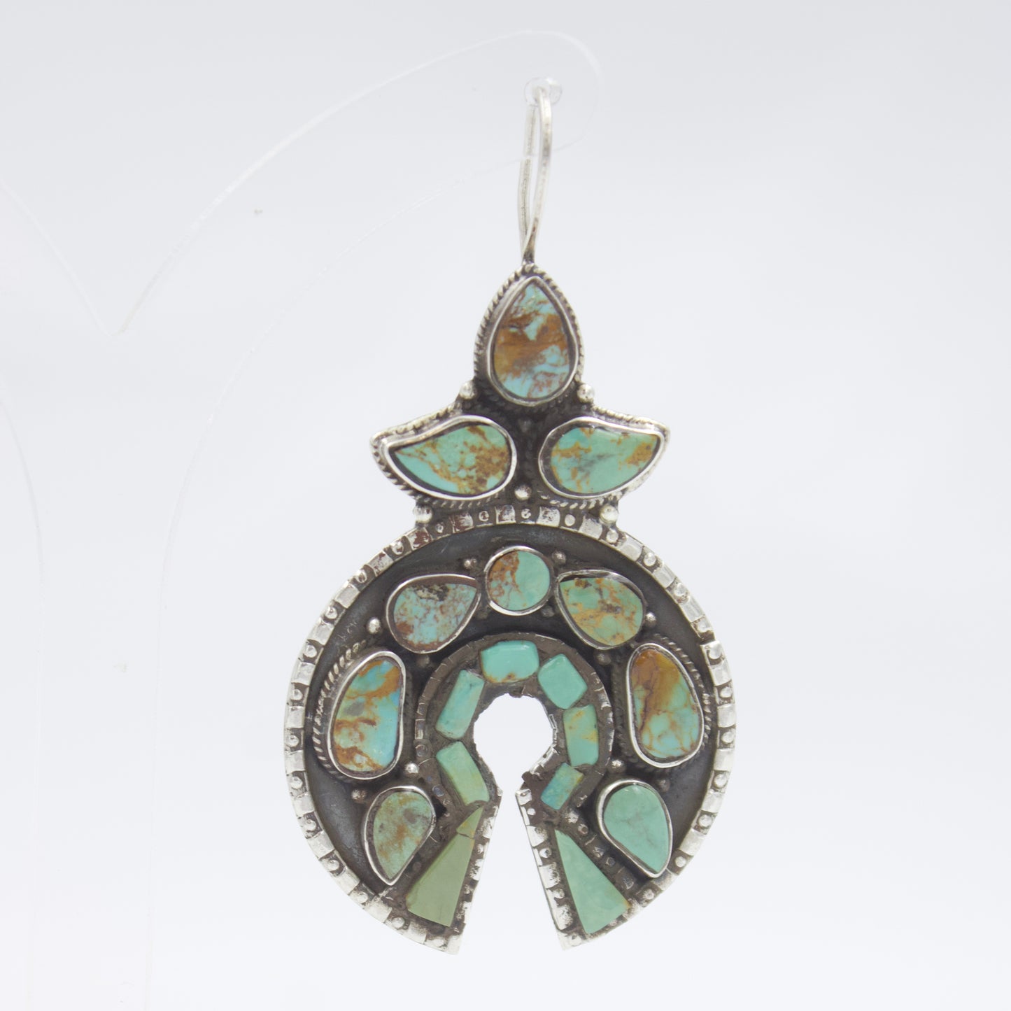 Vintage Tibetan Himalayan Turquoise Naja Chandbali Drop Earrings Sterling Silver