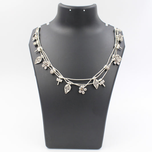 Handmade Indonesian Floral & Butterfly Charm 3 Layered Necklace in Sterling Silver