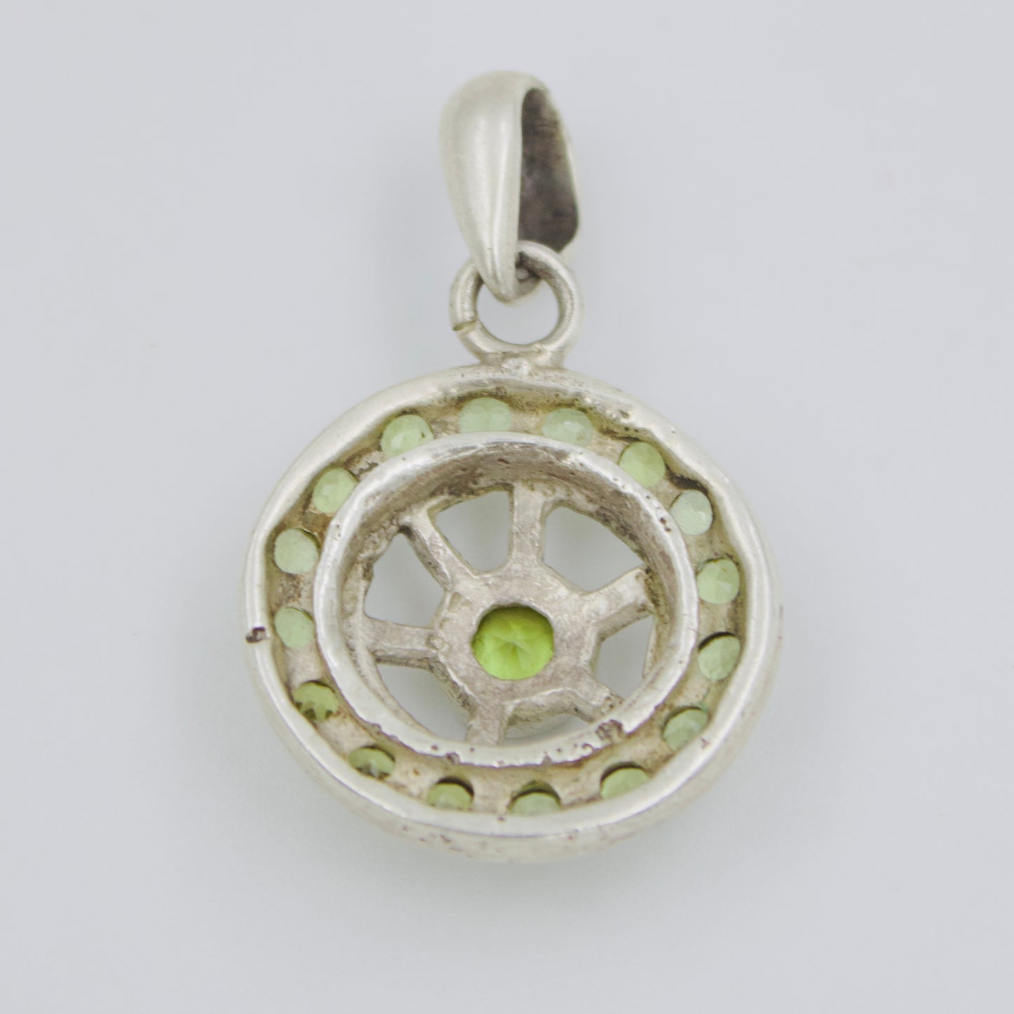 Natural Peridot Round Wheel Medallion Pendant in Sterling Silver