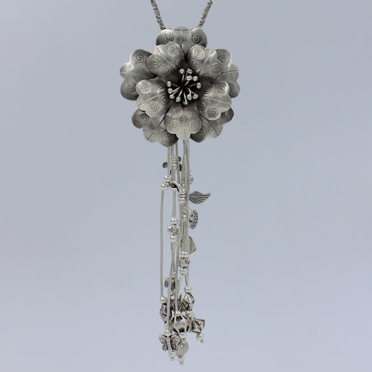 Handmade Boho Blossoming Flower Charm Necklace in Sterling Silver