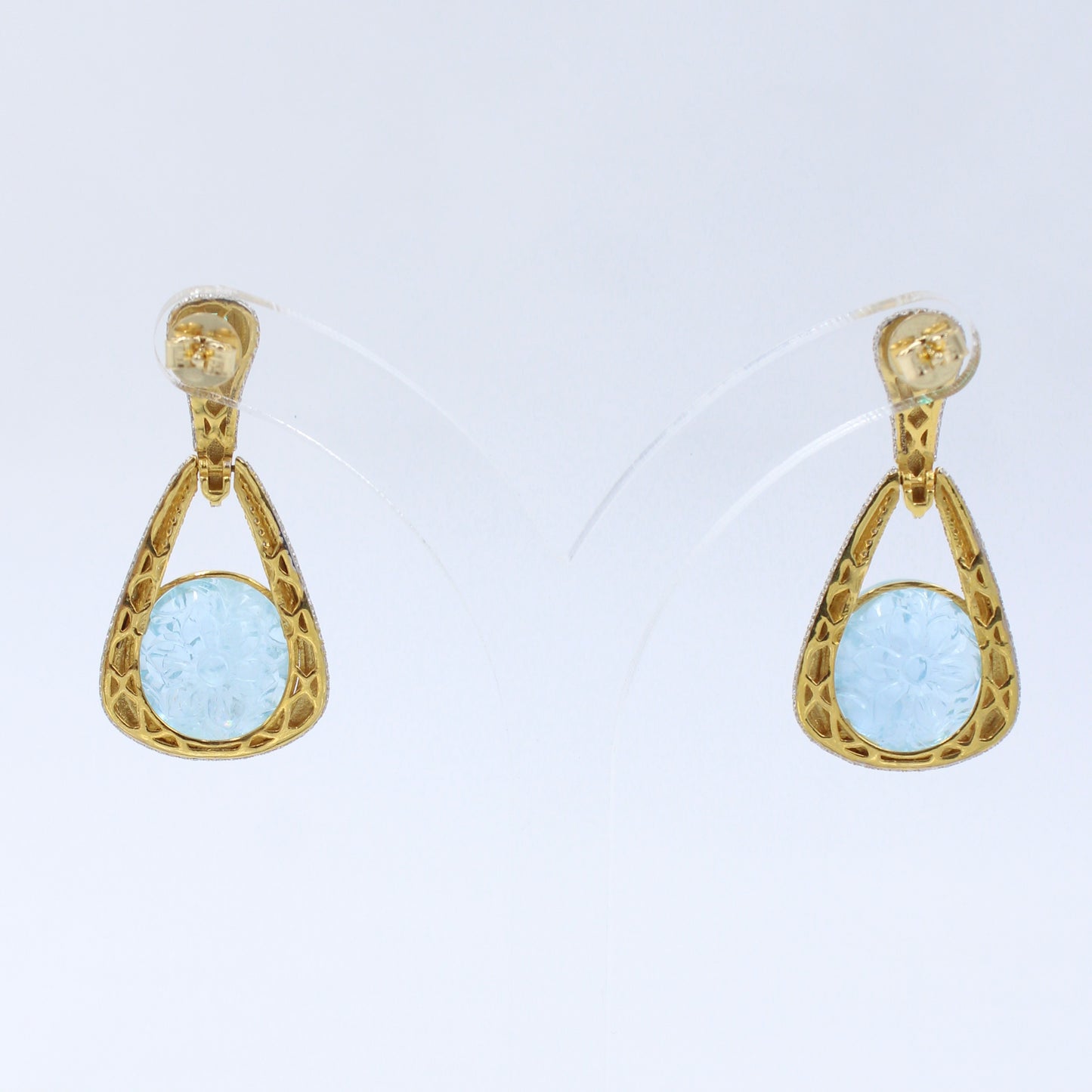 44.9 Ct Carved Aquamarine, Emerald & Diamond Drop Earrings 18K Brushed Gold
