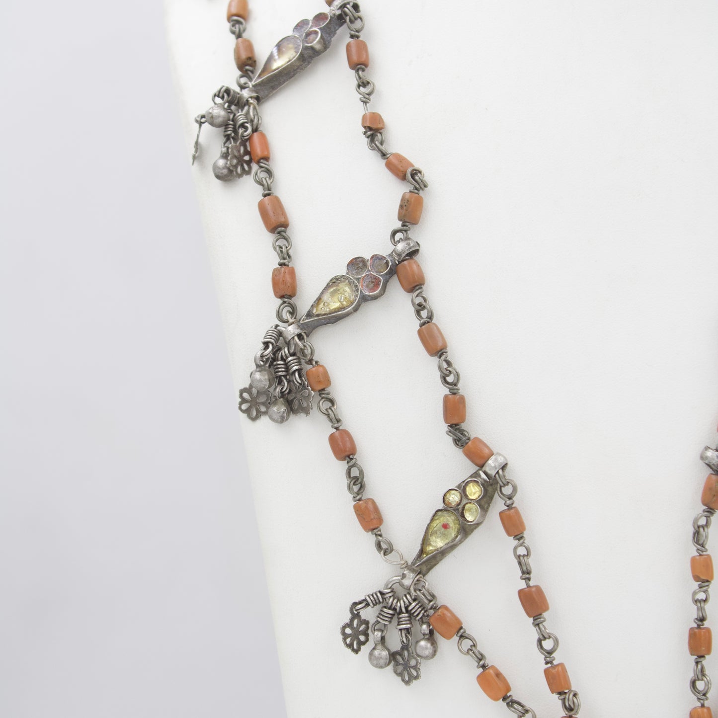 Navratri Antique Coral Necklace Double Strand Square Pendant in Sterling Silver