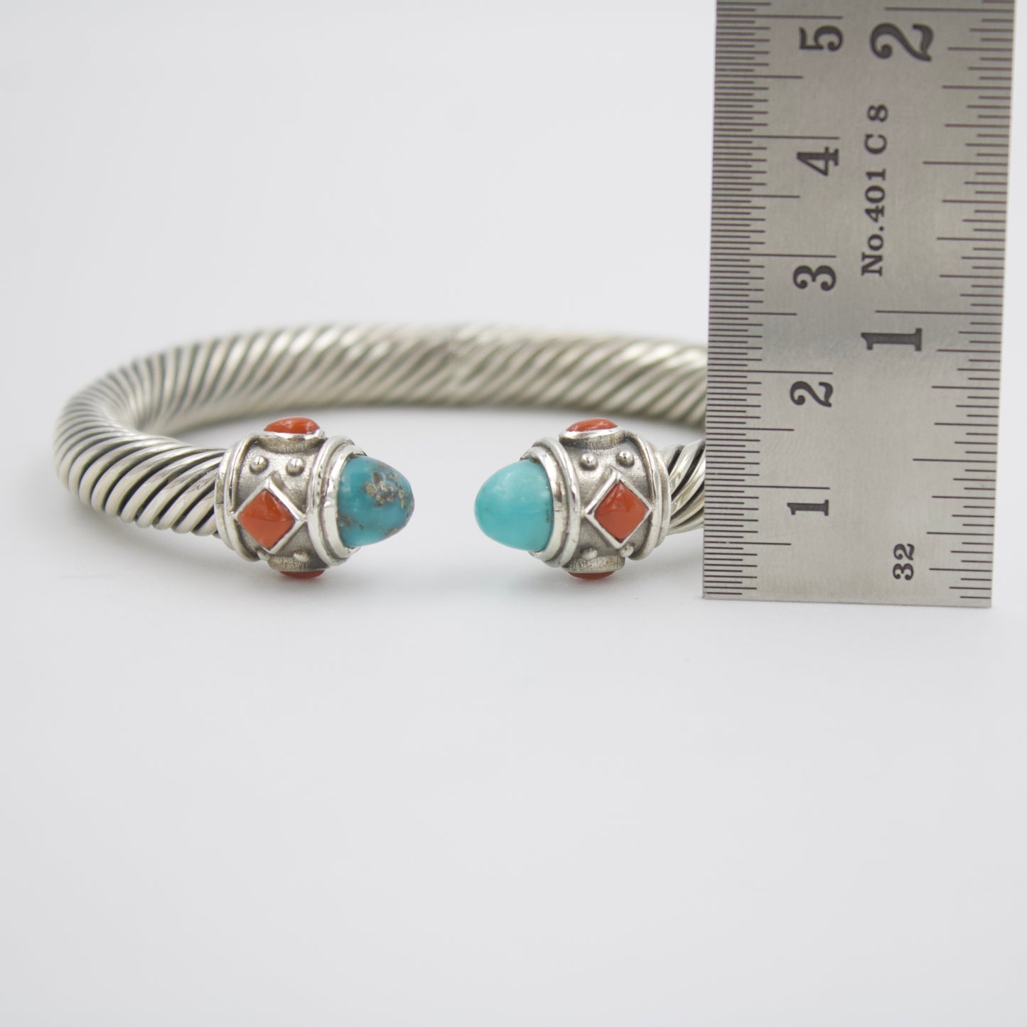 Natural Turquoise & Coral Twisted Cable Cuff Bracelet in Sterling Silver