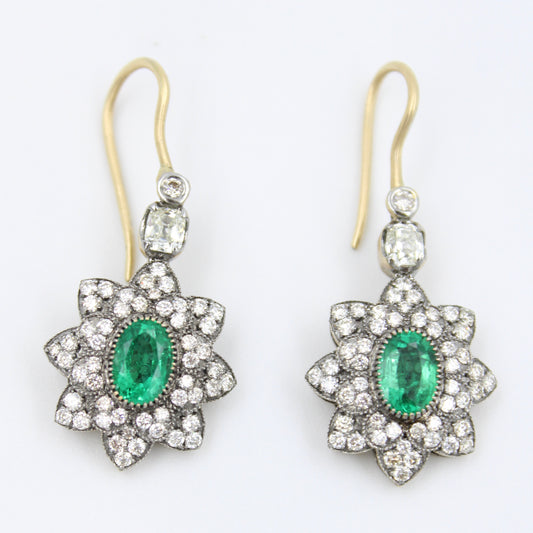 Unique 2.77 Ct Emerald & Diamond Filigree Work Drop Earrings in 18K Black Gold
