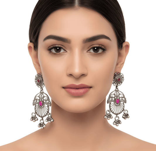 925 Silver Pink Rhinestone Filigree Drop Earrings