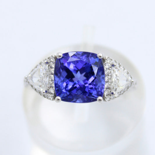 AAA+ 4.82 Ct Tanzanite & Trilliant Cut Diamond Engagement Ring 18K White Gold