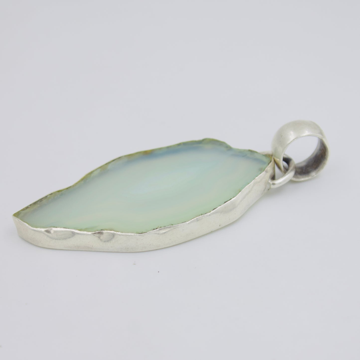 Artisanal Natural Light Blue Agate Slice Bezel Set Pendant in Sterling Silver