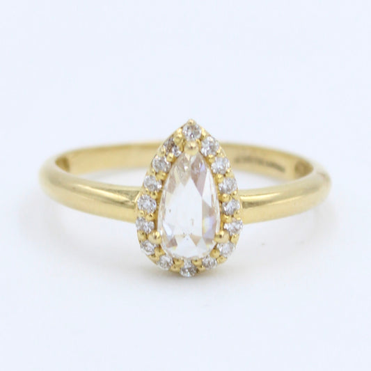 Natural 0.69 Ct Rose Cut Pear Diamond Halo Ring in 18K Gold