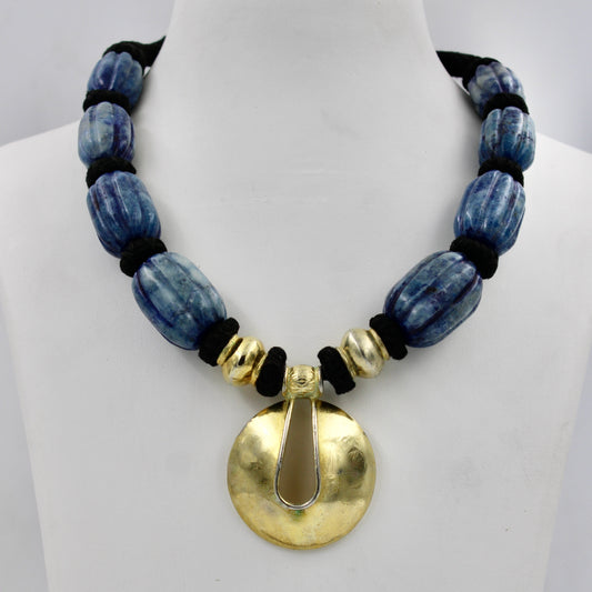 Vintage Tribal Lapis Lazuli Statement Pendant Thread Necklace in Sterling Silver
