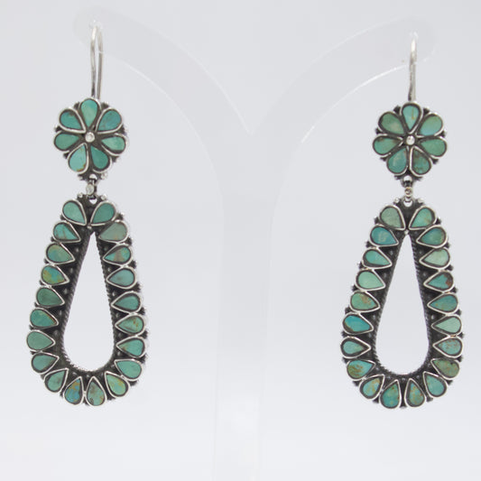 Vintage Turquoise Petit Point Floral Drop Earrings in Sterling Silver