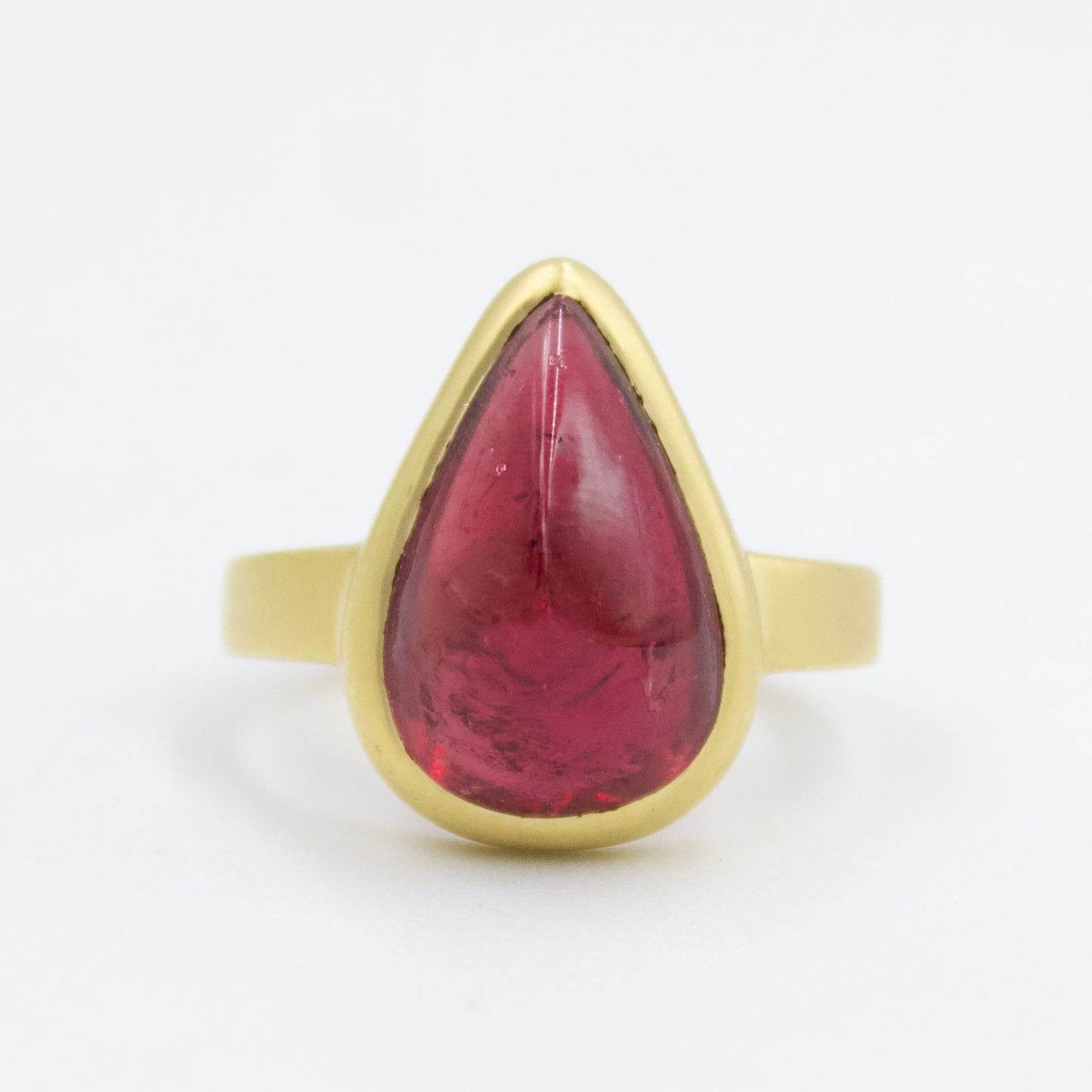 8.6 Ct Vivid Red Rubellite Tourmaline Pear Sugarloaf Ring in 18KY Brushed Gold