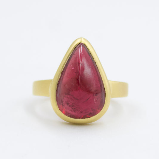 8.6 Ct Vivid Red Rubellite Tourmaline Pear Sugarloaf Ring in 18KY Brushed Gold