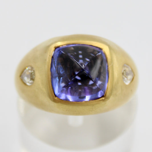 7.1 Ct AAA Sugarloaf Tanzanite & Old Mine Diamond Cocktail Ring 18K Brushed Gold