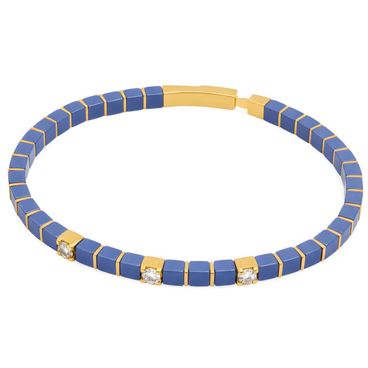 Natural 45.29 TCW Lapis Lazuli and Diamond Tile Beaded Bracelet 14K Gold