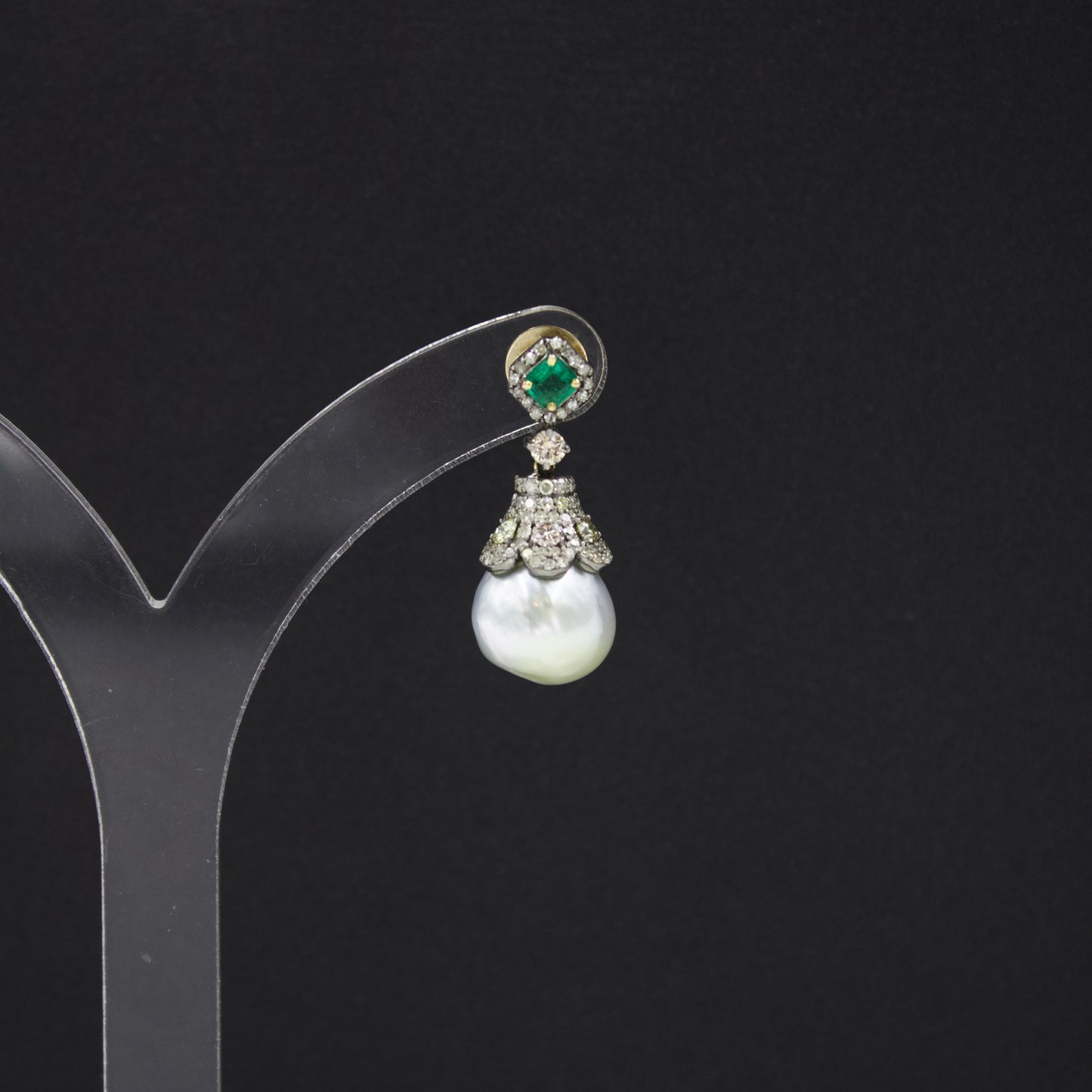 Art Deco Gold Silver Emerald Diamond Southsea Pearl Earrings in 14K Gold & Sterling Silver