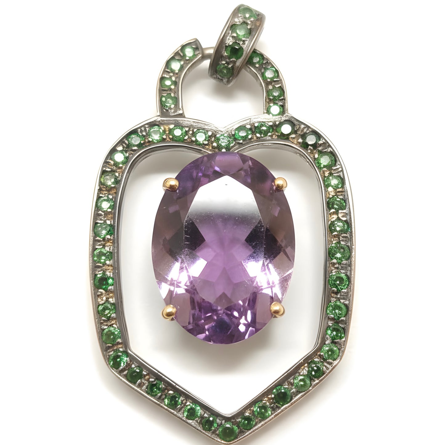 Victorian 22.5 Ct Statement Amethyst & Emerald Pendant in 14k Gold & Silver