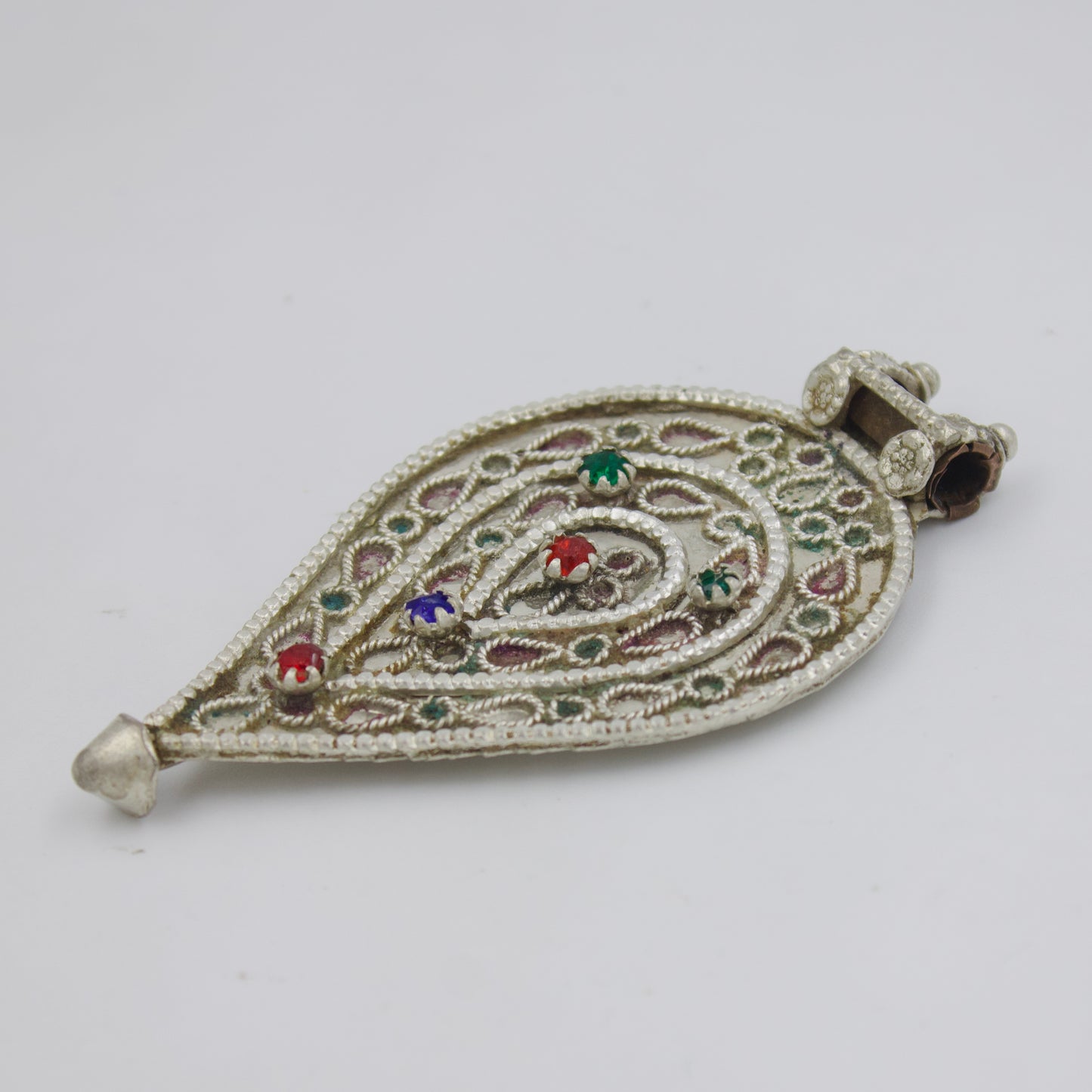 Antique Silver Paisley Pendant with Colorful Gem Accents & Intricate Bail 925 Sterling Silver