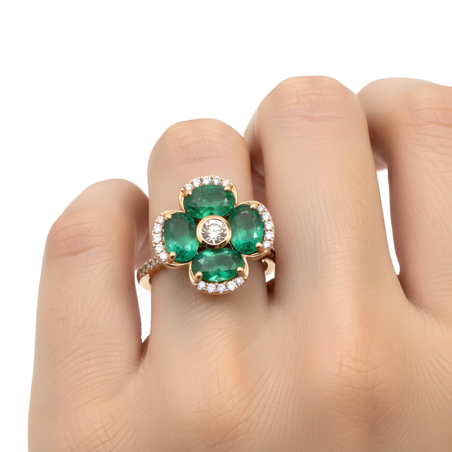 Elegant 1.71 Ct Natural Emerald & Diamond Floral Ring in 18K Yellow Gold Size 7