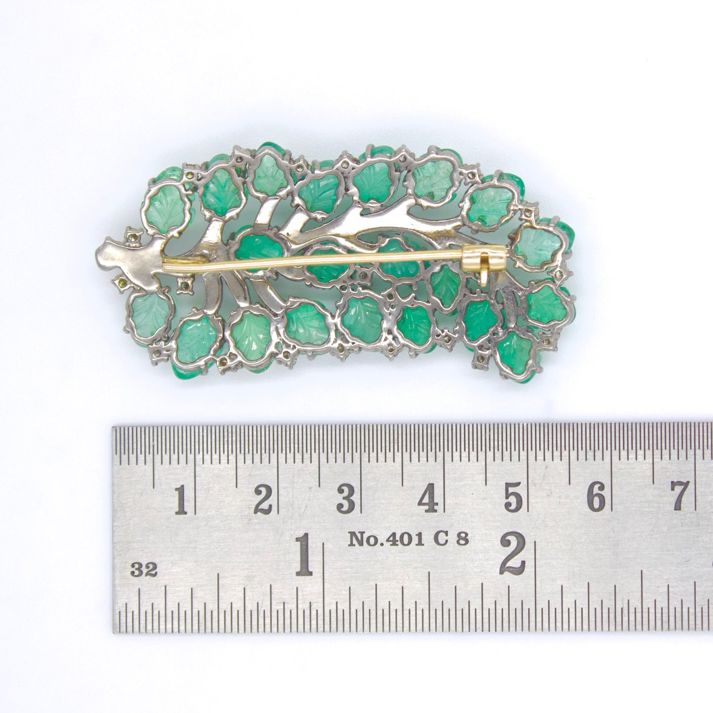 Carved Emerald & Diamond Leaf Brooch in 14K Gold & Sterling Silver