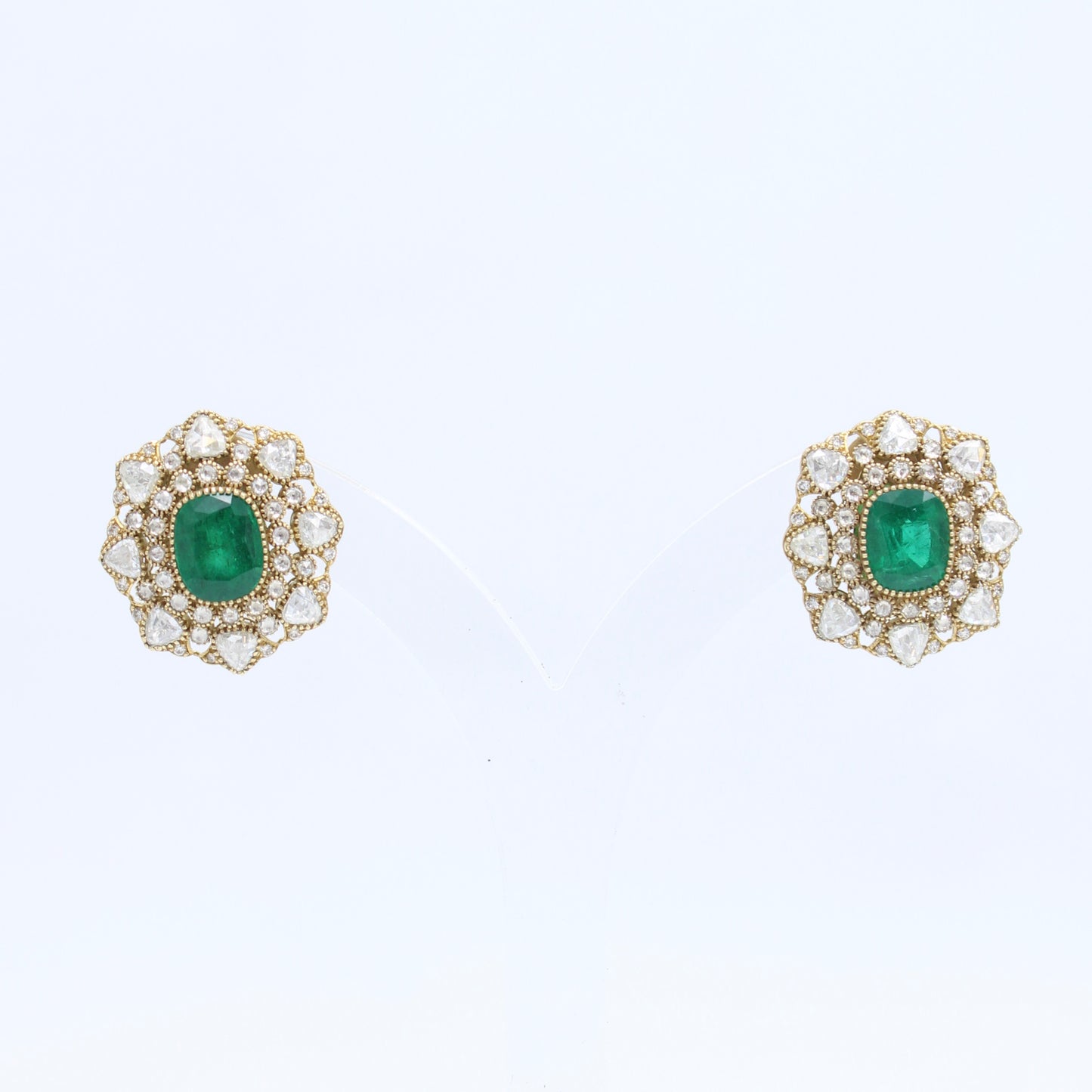 11.05 Ct AAA Vivid Green Emerald & Rose Cut Diamond 18K Gold Stud Earrings