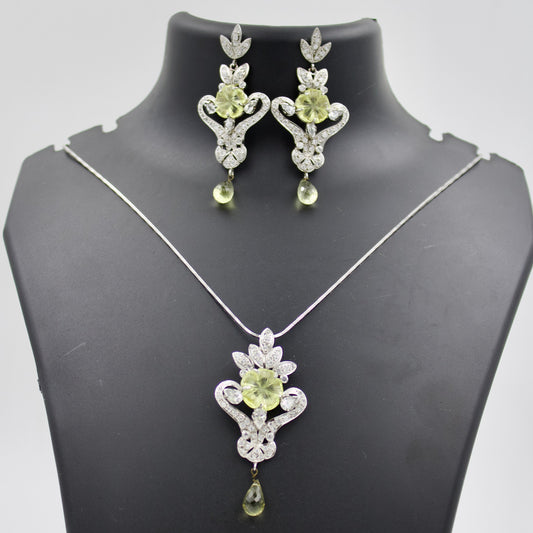 Vintage Floral Carved Lemon Topaz & CZ Pendant and Earring Set in Sterling Silver