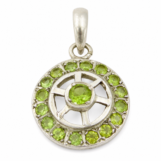Natural Peridot Round Wheel Medallion Pendant in Sterling Silver