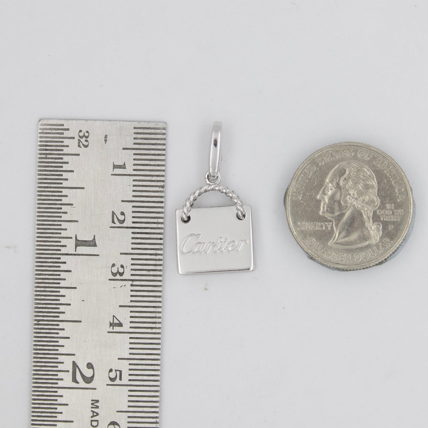 Vintage Authentic Cartier Shopping Bag Charm Pendant in 18K White Gold